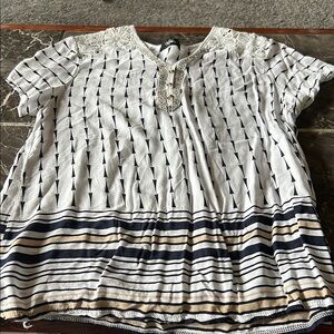 White and Navy Patterned Top with Lace